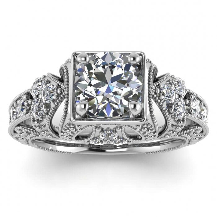 Rose Gold Engraved Moissanite Ring (1/2 Ct. Tw.), Filigree Milgrained Band, Hand Engraving, Delicate Pave, Gem Accents, Prong Setting Elsie