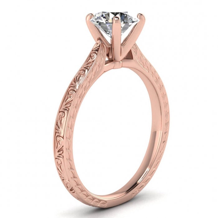 Rose Gold Hand Engraved Ring, Cathedral Setting, High Profile Prongs, Squared, Hand Engraving, Round Moissanite Engagement Ring Everleigh