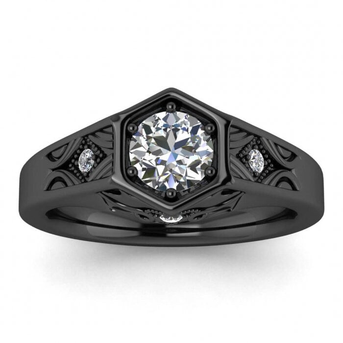 White Gold Hexagon Moissanite Ring , 6 Prong Low Setting, Hexagon Design, Hand Engraved, Hidden Gemstones, Beaded Milgrain Adalynn