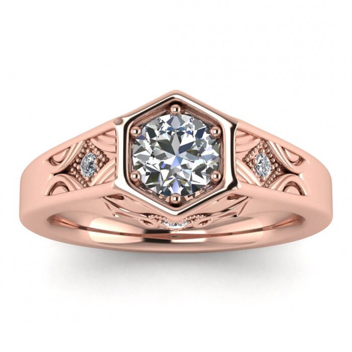 White Gold Hexagon Moissanite Ring , 6 Prong Low Setting, Hexagon Design, Hand Engraved, Hidden Gemstones, Beaded Milgrain Adalynn