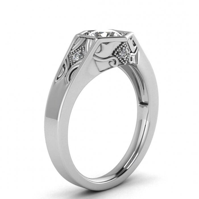 White Gold Hexagon Moissanite Ring , 6 Prong Low Setting, Hexagon Design, Hand Engraved, Hidden Gemstones, Beaded Milgrain Adalynn