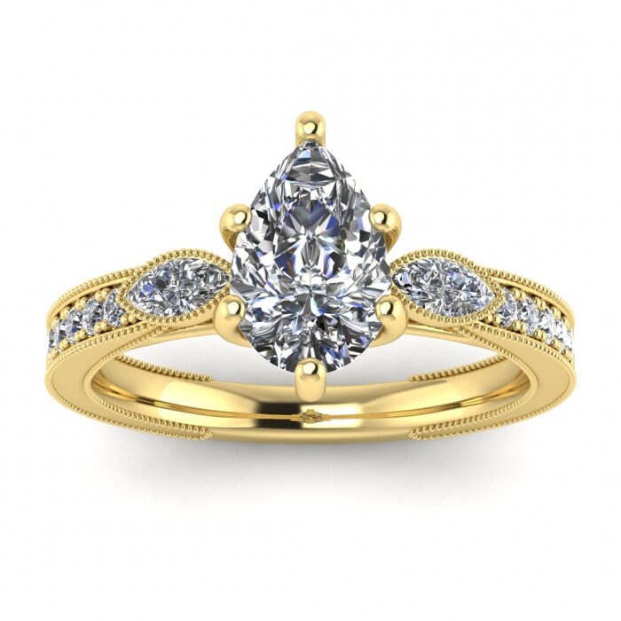 White Gold Shiny Milgrained Pear Shaped Moissanite Ring (1/3 Ct. Tw.) Marquise Accent Gems,Pave Along The Sides, Basket Setting Allegria