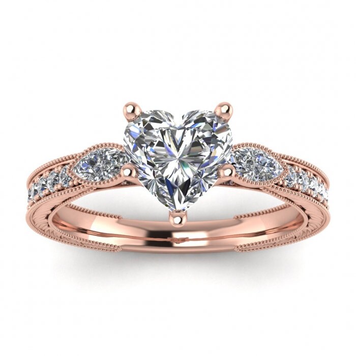 White Gold Vintage Marquise Accents Heart Shaped Moissanite Ring (1/3 Ct. Tw.)Marquise Accent Gemstones, Wheat Hand Engraving Allegria