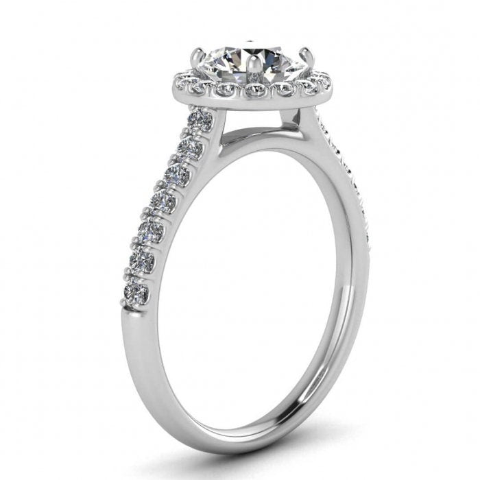 White Gold Luxurious Pave Moissanite Halo Ring (3/7 Ct. Tw.)Unique Scalloped Pave,Round Halo, Bridged Shank Moissanite Engagement Ring Anika