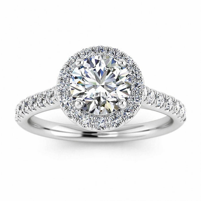 White Gold Luxurious Pave Moissanite Halo Ring (3/7 Ct. Tw.)Unique Scalloped Pave,Round Halo, Bridged Shank Moissanite Engagement Ring Anika