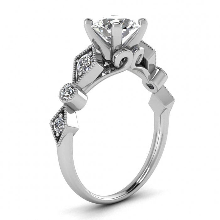 White Gold Geometric Moissanite Engagement Ring (1/4 Ct. Tw.), Cathedral Center Setting, Rectangular Side Accents, Tapered Band, Annabelle