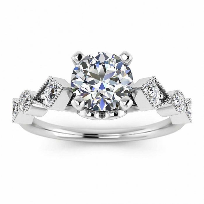 White Gold Geometric Moissanite Engagement Ring (1/4 Ct. Tw.), Cathedral Center Setting, Rectangular Side Accents, Tapered Band, Annabelle