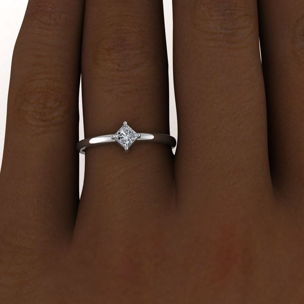 White Gold Thin Princess Cut Moissanite Ring Offset Prongs, Delicate Band, Unique Setting, Moissanite, Princess Cut Aria