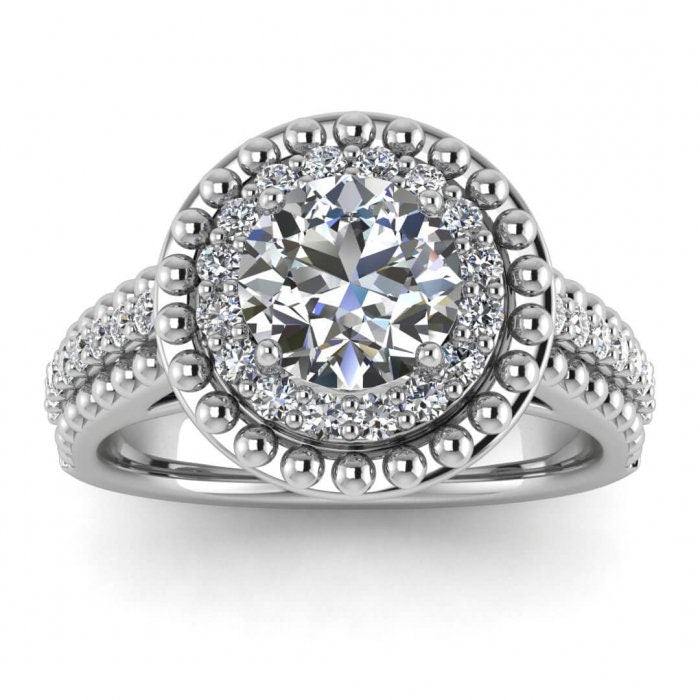 White Gold Milgrained Halo Moissanite Ring (1/3 Ct. Tw.) Antique Style, Beaded,Double Halo Setting,Triple Row Pave, Shoulders Rising,Autumn