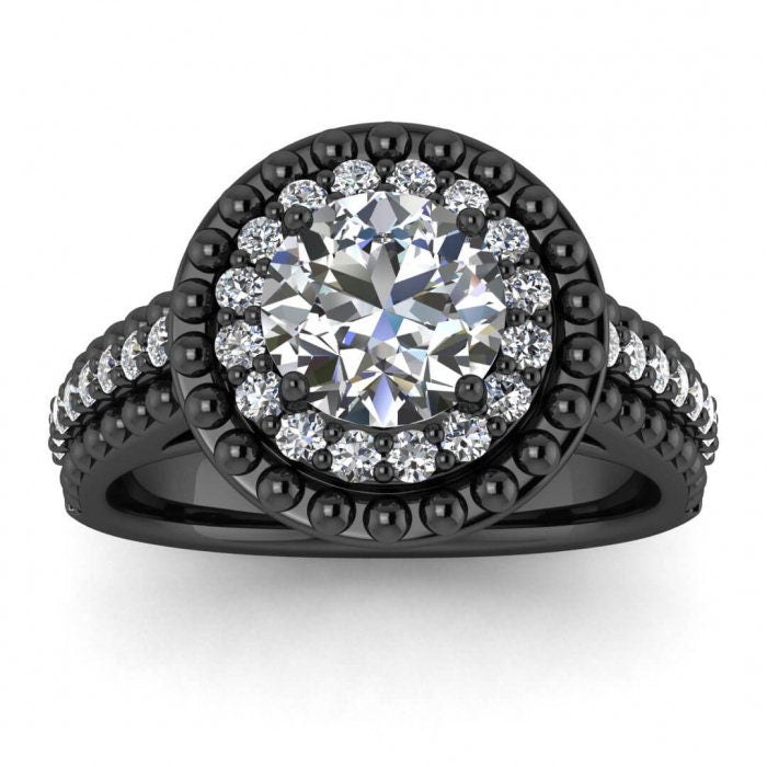 White Gold Milgrained Halo Moissanite Ring (1/3 Ct. Tw.) Antique Style, Beaded,Double Halo Setting,Triple Row Pave, Shoulders Rising,Autumn