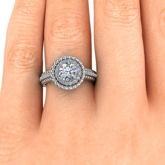 White Gold Milgrained Halo Moissanite Ring (1/3 Ct. Tw.) Antique Style, Beaded,Double Halo Setting,Triple Row Pave, Shoulders Rising,Autumn