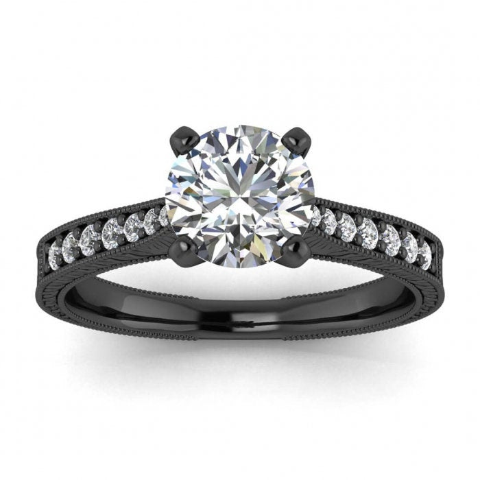 White Gold Hand Engraved Moissanite Ring (1/8 Ct. Tw.) High Profile Prongs, Shared Prongs Pave, Milgrain, Hand Engraving Aya