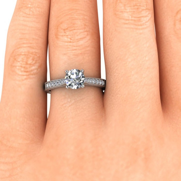 White Gold Hand Engraved Moissanite Ring (1/8 Ct. Tw.) High Profile Prongs, Shared Prongs Pave, Milgrain, Hand Engraving Aya