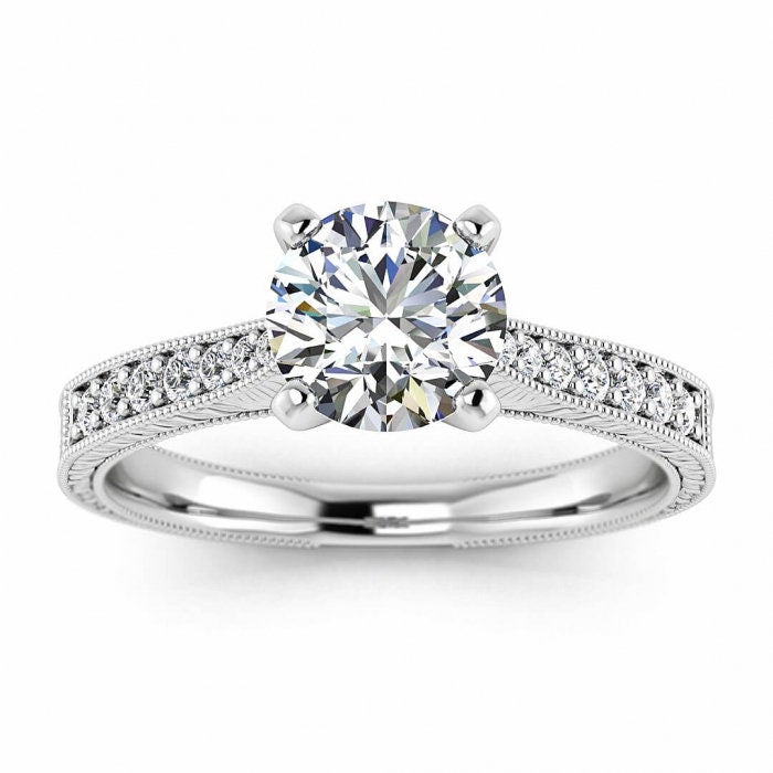 White Gold Hand Engraved Moissanite Ring (1/8 Ct. Tw.) High Profile Prongs, Shared Prongs Pave, Milgrain, Hand Engraving Aya