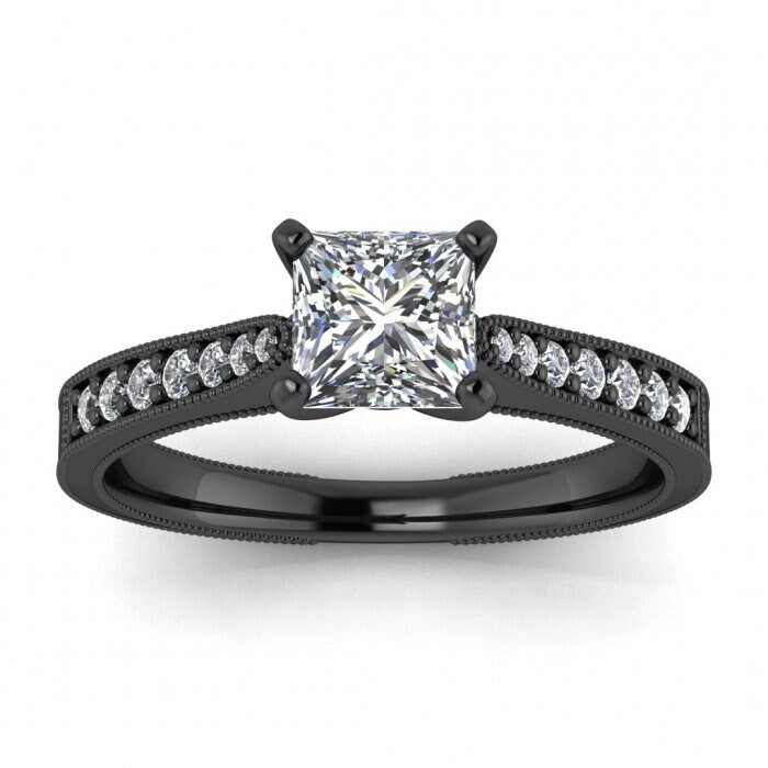 White Gold Milgrained Pave Princess Cut Moissanite Ring (1/8 Ct. Tw.),high Profile Prongs, Shared Prongs Pave, Milgrain, Aya