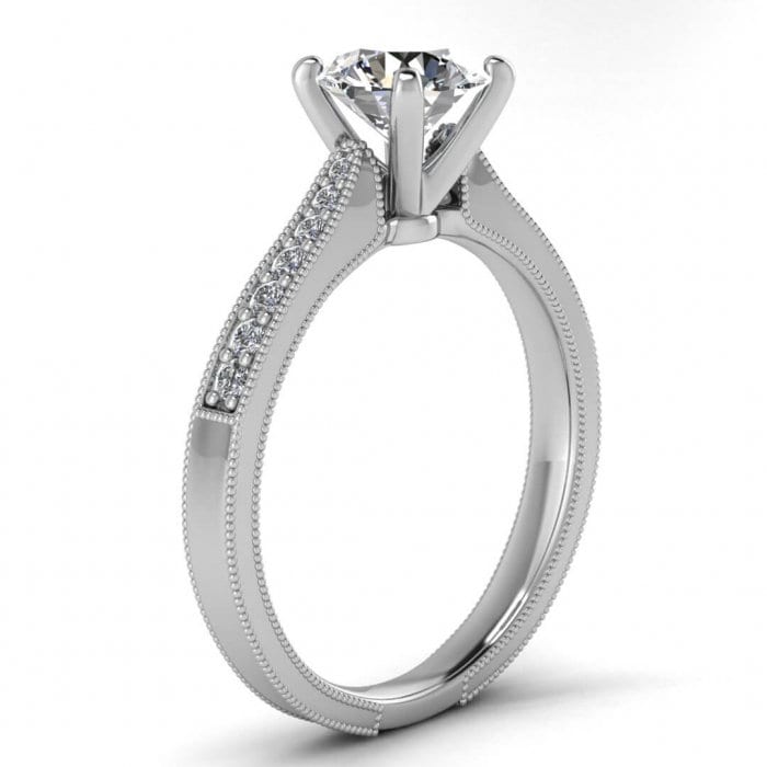White Gold Milgrained Pave Princess Cut Moissanite Ring (1/8 Ct. Tw.),high Profile Prongs, Shared Prongs Pave, Milgrain, Aya