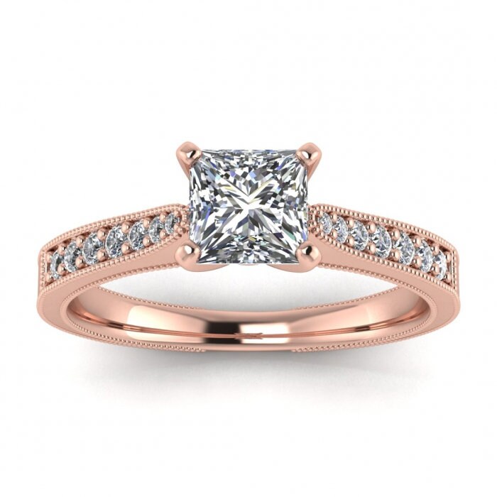White Gold Milgrained Pave Princess Cut Moissanite Ring (1/8 Ct. Tw.),high Profile Prongs, Shared Prongs Pave, Milgrain, Aya