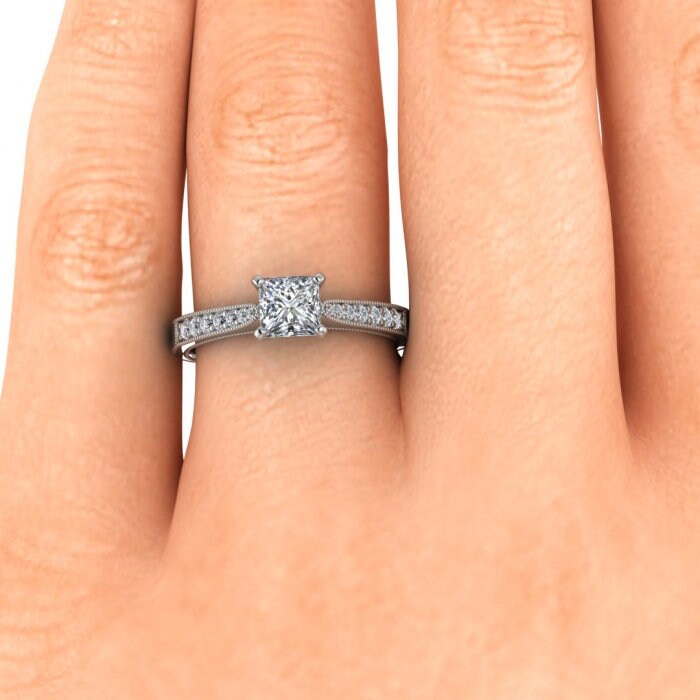 White Gold Milgrained Pave Princess Cut Moissanite Ring (1/8 Ct. Tw.),high Profile Prongs, Shared Prongs Pave, Milgrain, Aya