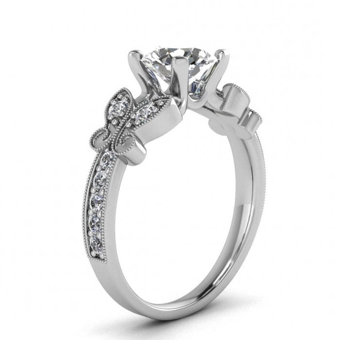 White Gold Moissanite Engagement Ring (1/4 Ct. Tw.) Prongs Center Setting, Gemstone Accented Butterfly, Pave Set Milgrained Shank Butterfly