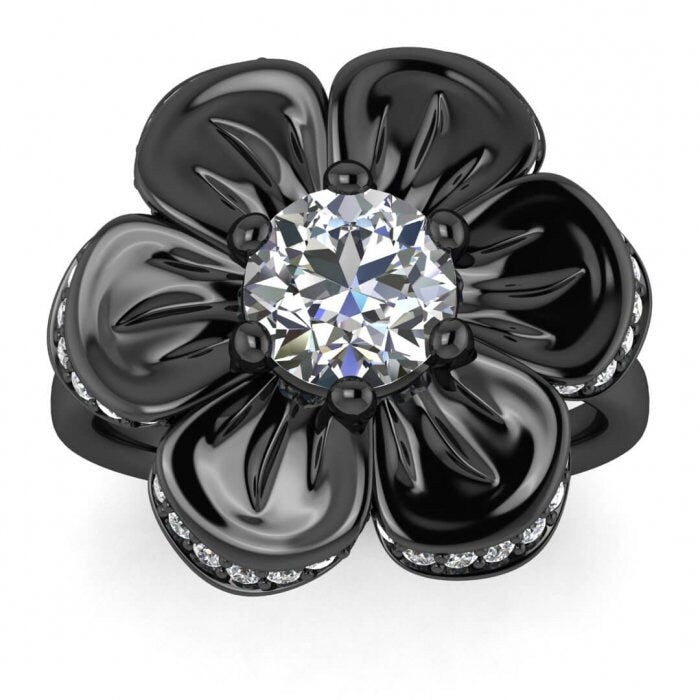 White Gold Moissanite Flower Ring (1/5 Ct. Tw.) Flower Ring, Pave Encrusted Flower,6 Prong Setting, Unique Design Cantata
