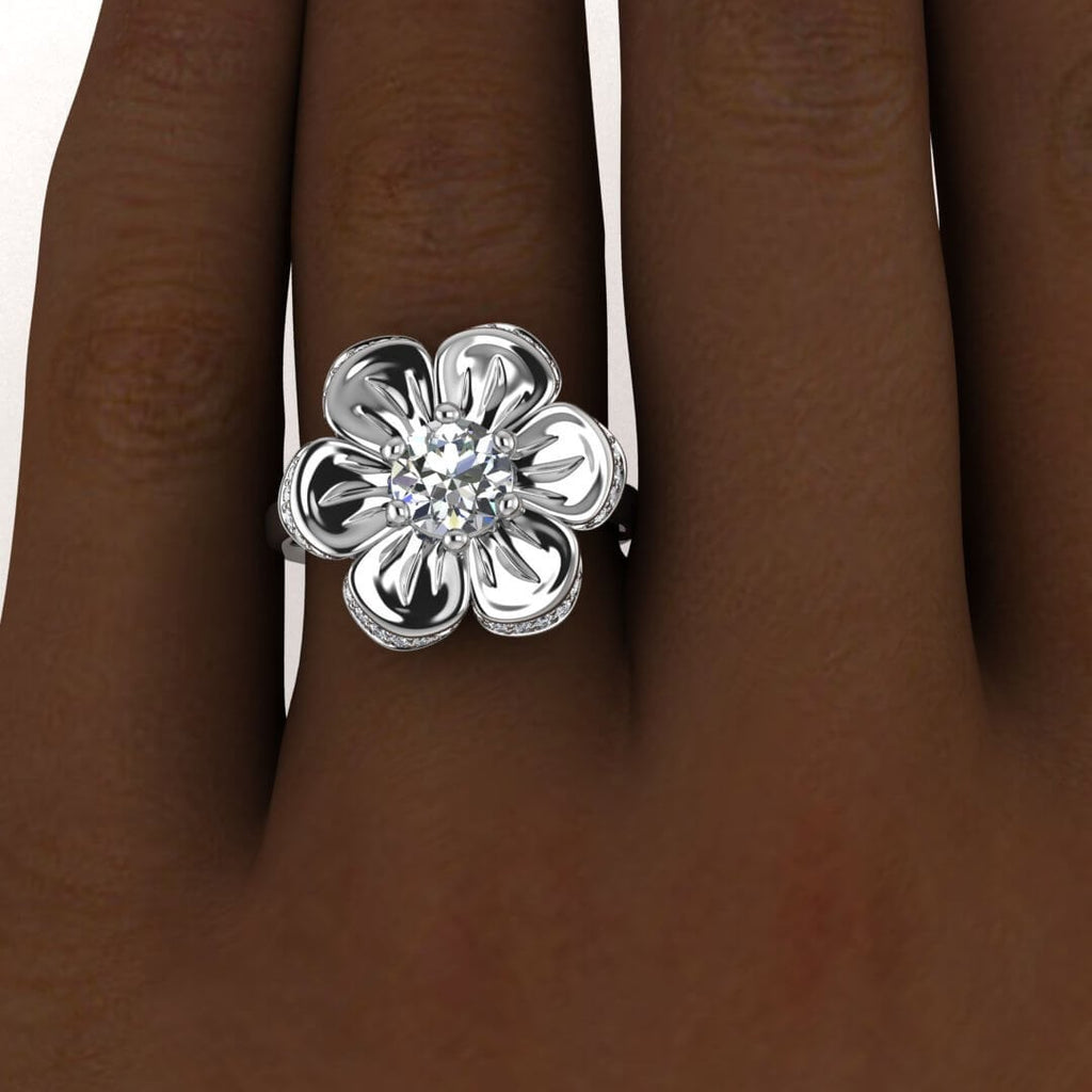 White Gold Moissanite Flower Ring (1/5 Ct. Tw.) Flower Ring, Pave Encrusted Flower,6 Prong Setting, Unique Design Cantata