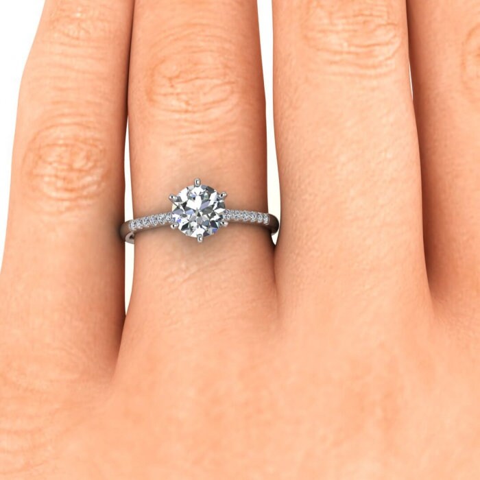 White Gold Rose Setting Moissanite Engagement Ring (1/10 Ct. Tw.) Petite Scalloped Pave, Rose Setting Center Gemstone Carolina
