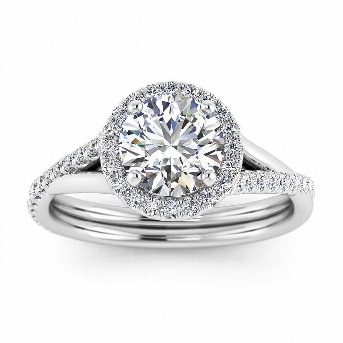 White Gold Infinity Band Moissanite Halo Ring (2/7 Ct. Tw.) Double Band, Half Pave, Open Gallery Halo Moissanite Engagement Ring Cece