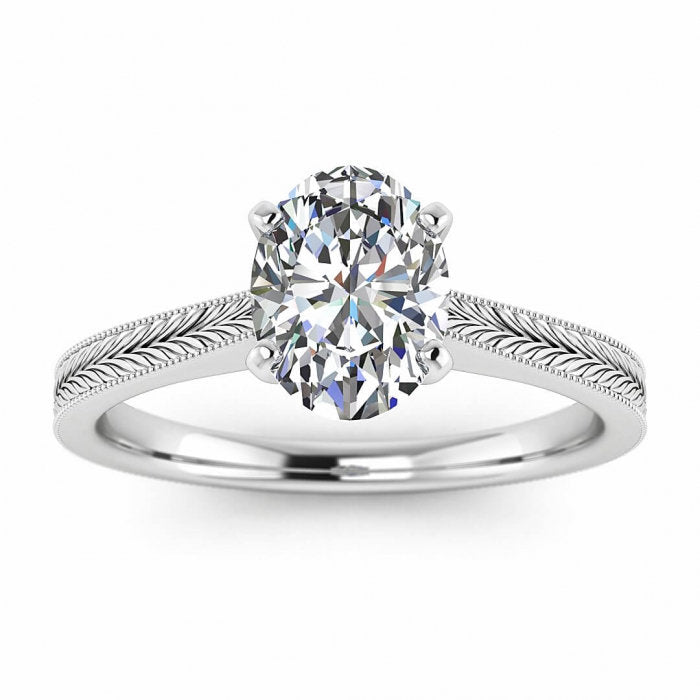 White Gold Milgrained Oval Moissanite Ring Cathedral , High Profile Prongs, Hand Engraving, Milgrain Clio