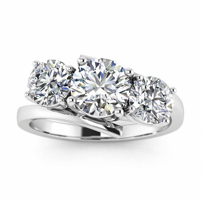 White Gold Offset 3 Stone Moissanite Ring (1 Ct. Tw.) Offset Basket Setting, Twisted Band, 3 Stone Ring Doreen