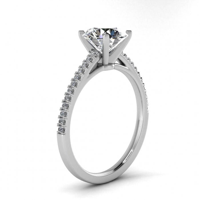 White Gold Moissanite Engagement Ring Micro Pave (1/10 Ct. Tw.) Micro Pave Setting, Petite Engagement Ring, Prong Setting, Cathedral Emma