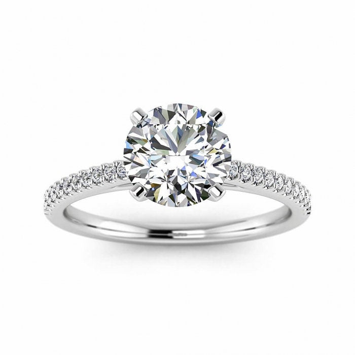 White Gold Moissanite Engagement Ring Micro Pave (1/10 Ct. Tw.) Micro Pave Setting, Petite Engagement Ring, Prong Setting, Cathedral Emma