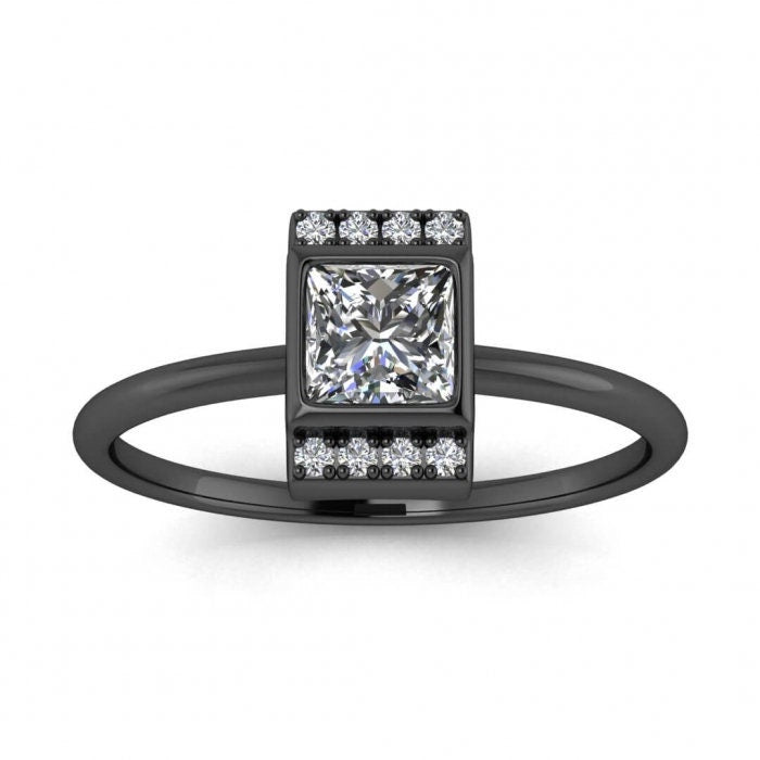 White Gold Princess Cut Moissanite Ring, Princess Cut Center Gemstone,thin Band, Bezel Setting Center Gem, Pave Set Gems accents, Florence