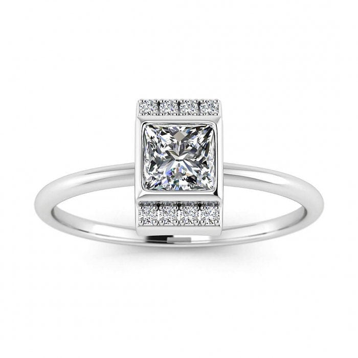 White Gold Princess Cut Moissanite Ring, Princess Cut Center Gemstone,thin Band, Bezel Setting Center Gem, Pave Set Gems accents, Florence