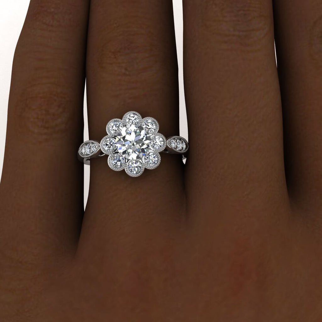 White Gold Moissanite Ring (1/2 Ct. Tw.) Floating Gallery, Milgrain, Flower Shaped Bezel Halo, Gemstone Set Shoulders, Flower Flower