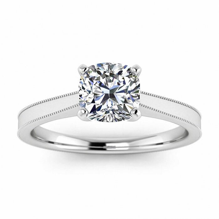 White Gold Squared Band Cushion Cut Moissanite Solitaire Ring Cathedral , High Profile Prongs, Milgrain, Moissanite Engagement Ring Idris