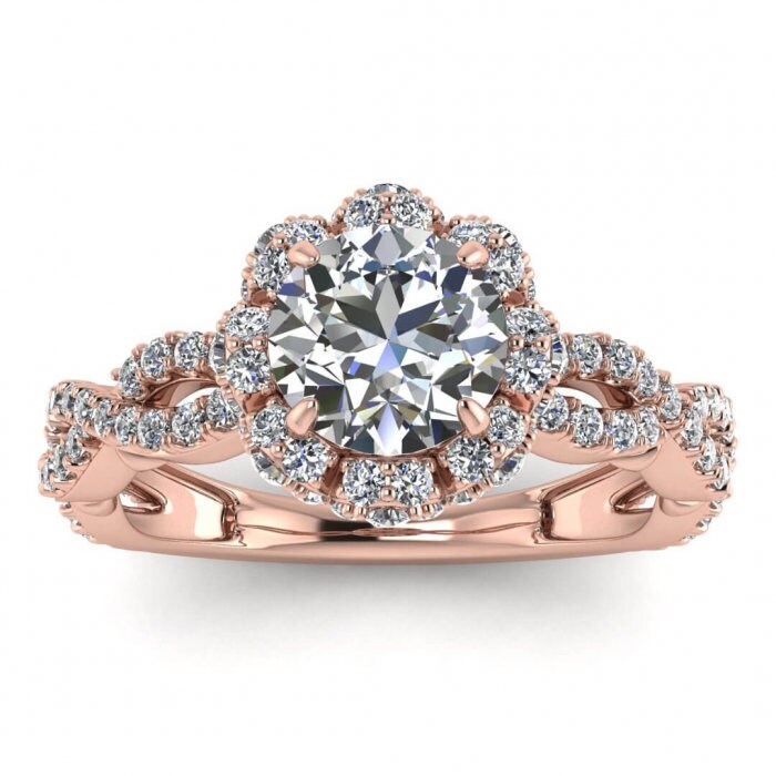 White Gold Halo Moissanite Ring (2/3 Ct. Tw.) Gemstone Gallery, Scalloped Pave, Infinity Shaped Band, Tulip Gallery, Iris