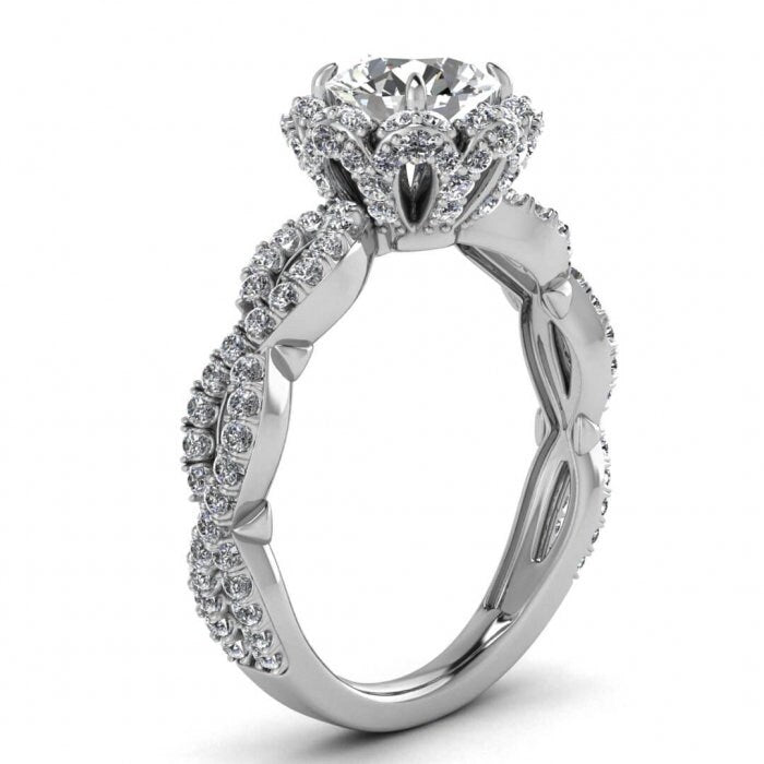 White Gold Halo Moissanite Ring (2/3 Ct. Tw.) Gemstone Gallery, Scalloped Pave, Infinity Shaped Band, Tulip Gallery, Iris