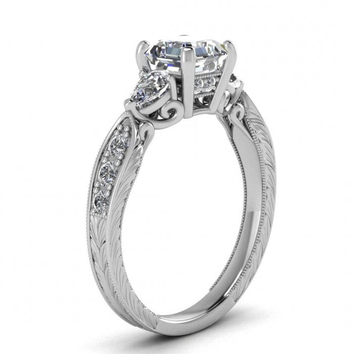 White Gold Asscher Cut Moissanite Pear Accent Ring (1/2 Ct. Tw.) Hidden Gemstones On The Profile, Asscher Cut, Pear Shaped Accents,Josephine