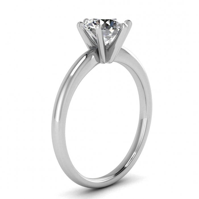 White Gold Solitaire Engagement Ring Rounded Band, Prongs Center Gemstone, Classic, Moissanite Engagement Ring Joya