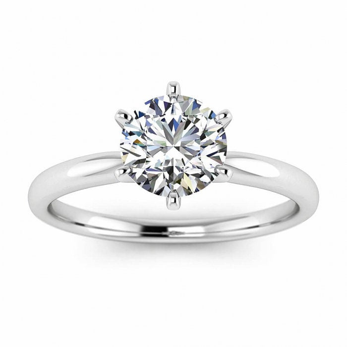 White Gold Solitaire Engagement Ring Rounded Band, Prongs Center Gemstone, Classic, Moissanite Engagement Ring Joya