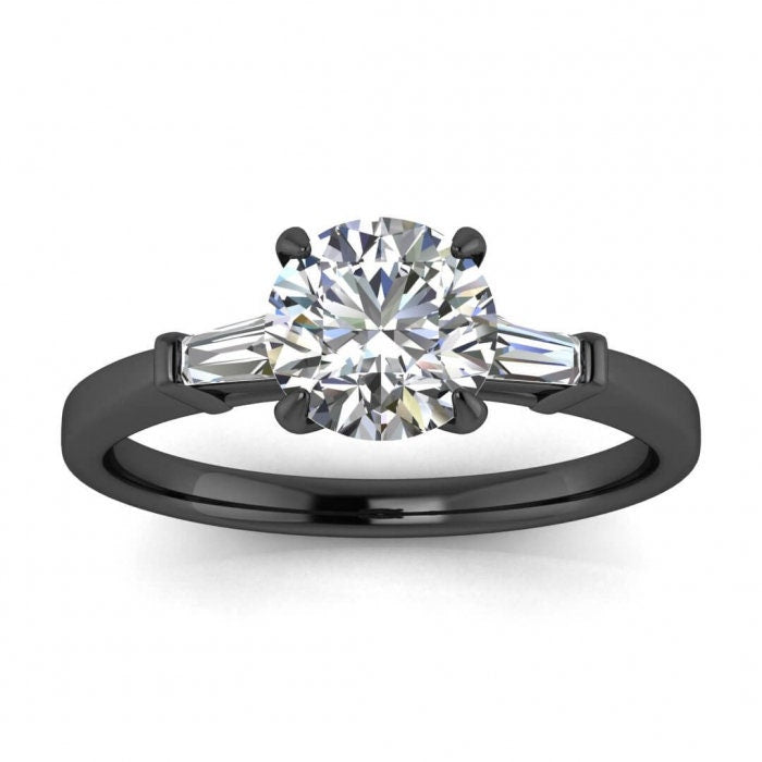 White Gold Moissanite Tapered Baguette Ring (1/5 Ct. Tw.) Tapered Baguette, Tapered Band, Bar Set Gemstone, Claw Prongs, Kara