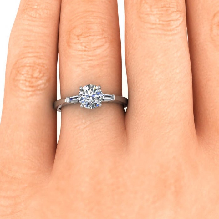 White Gold Moissanite Tapered Baguette Ring (1/5 Ct. Tw.) Tapered Baguette, Tapered Band, Bar Set Gemstone, Claw Prongs, Kara