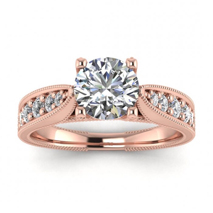 White Gold Vintage Milgrained Moissanite Engagement Ring (1/3 Ct. Tw.) Channel Pave Accent, Milgrain, Intertwined Prongs, Lark