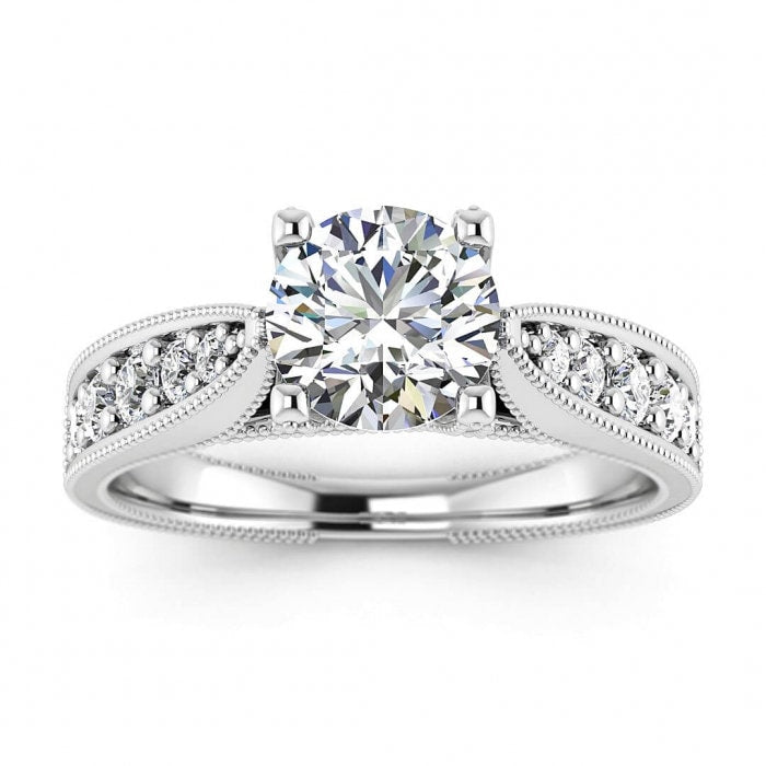 White Gold Vintage Milgrained Moissanite Engagement Ring (1/3 Ct. Tw.) Channel Pave Accent, Milgrain, Intertwined Prongs, Lark