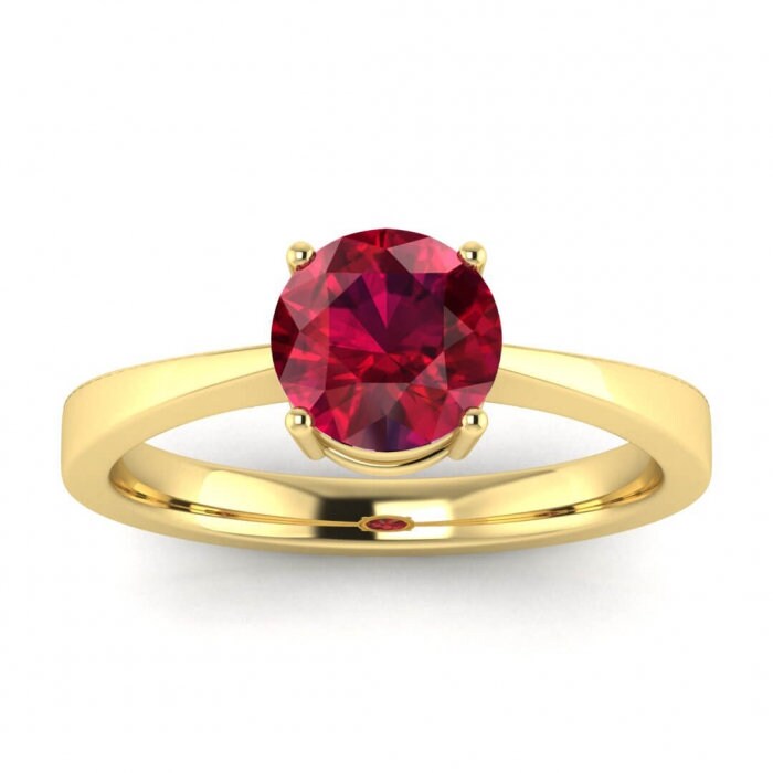 14k rose gold Beryl tapered ruby solitaire ring, tapered band, squared band, basket setting