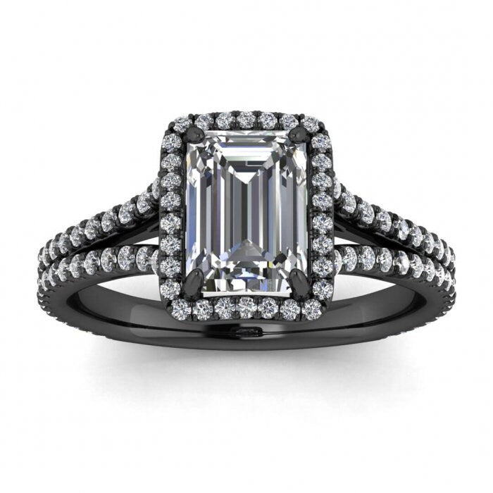 White Gold Emerald Cut Moissanite Halo Ring (1/2 Ct. Tw.) Gemstone Encrusted, Paved, Emerald Shape Halo, Adorned Profile, Maeva