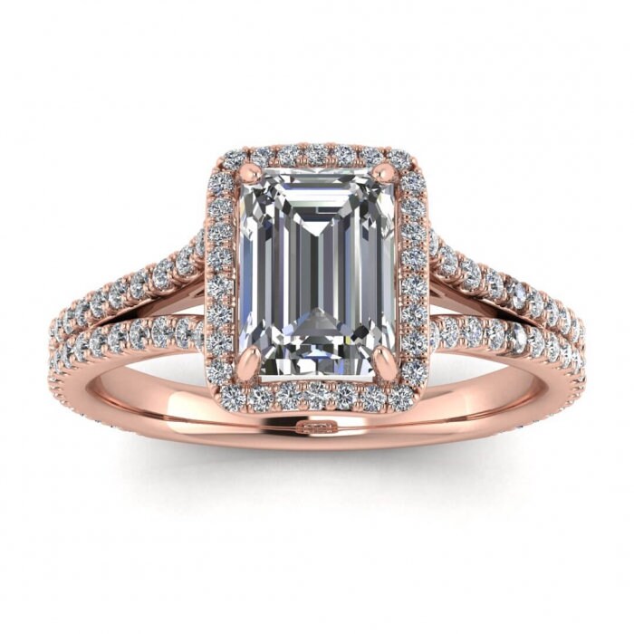 White Gold Emerald Cut Moissanite Halo Ring (1/2 Ct. Tw.) Gemstone Encrusted, Paved, Emerald Shape Halo, Adorned Profile, Maeva