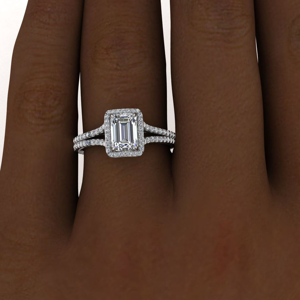 White Gold Emerald Cut Moissanite Halo Ring (1/2 Ct. Tw.) Gemstone Encrusted, Paved, Emerald Shape Halo, Adorned Profile, Maeva