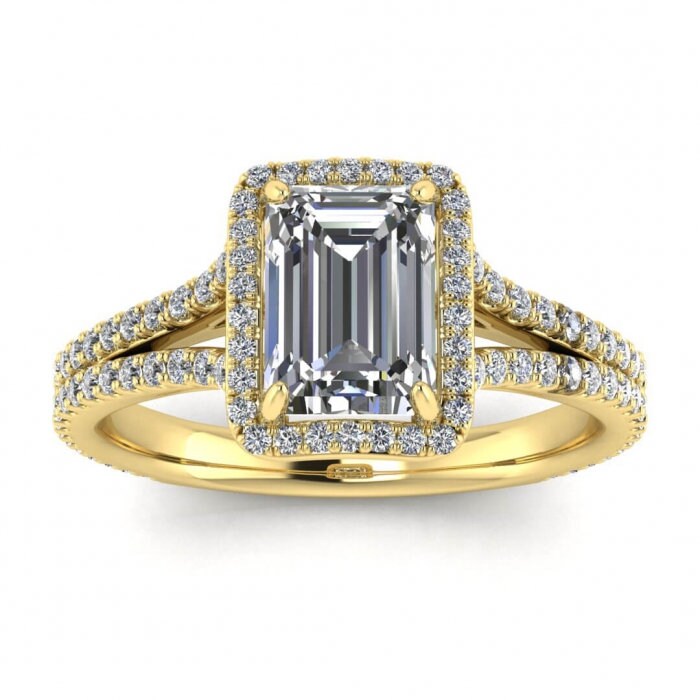 White Gold Emerald Cut Moissanite Halo Ring (1/2 Ct. Tw.) Gemstone Encrusted, Paved, Emerald Shape Halo, Adorned Profile, Maeva