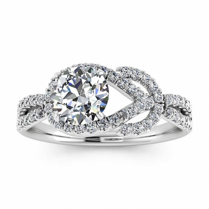 White Gold Unique Halo Moissanite Ring (1/3 Ct. Tw.) Infinite Love Knot Pave, Shared Prongs Pave, Angled Prongs Floating Setting, Maia